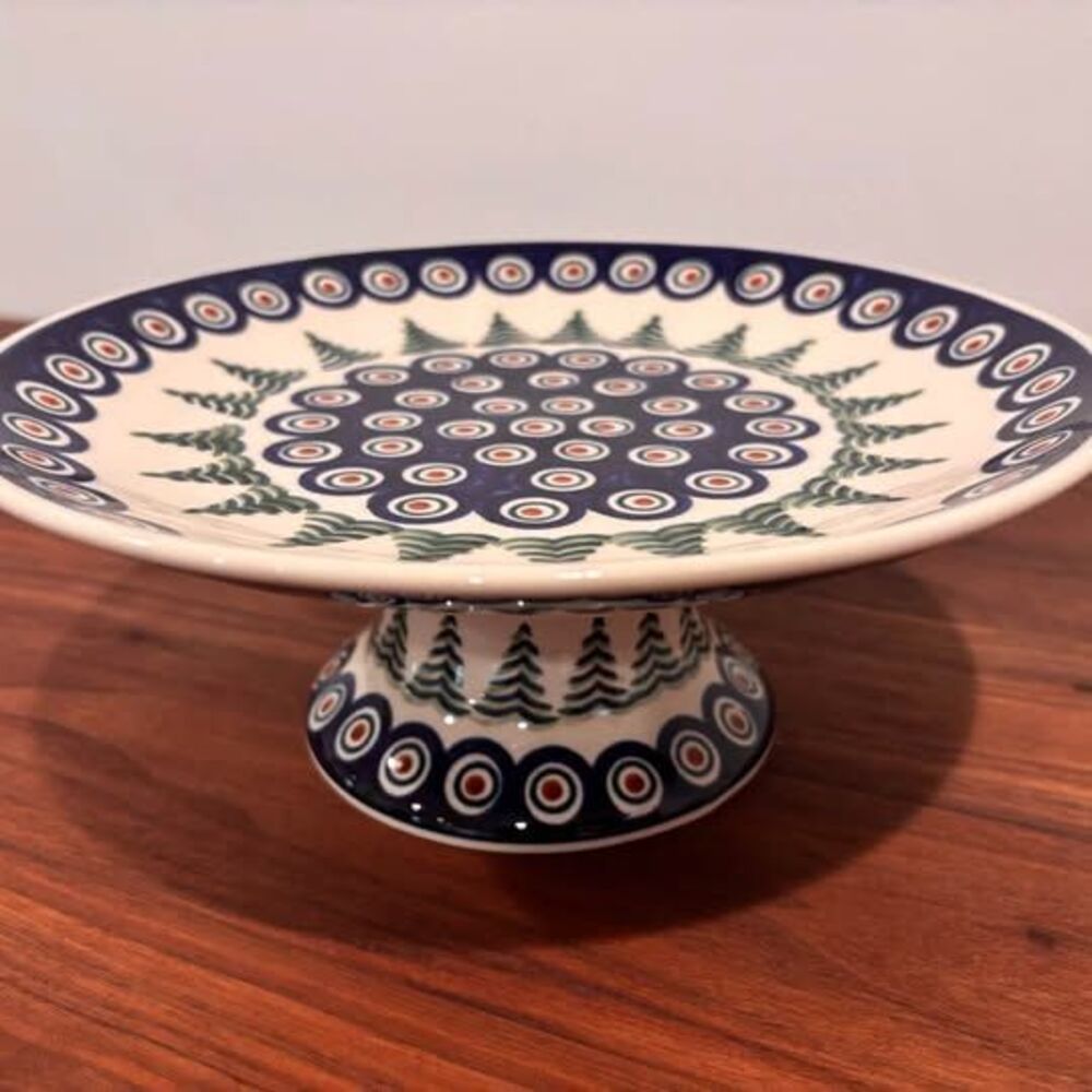 Manufaktura Boleslawiec Polish Peacock & Pine Trees Pedestal Cake Stand 10”